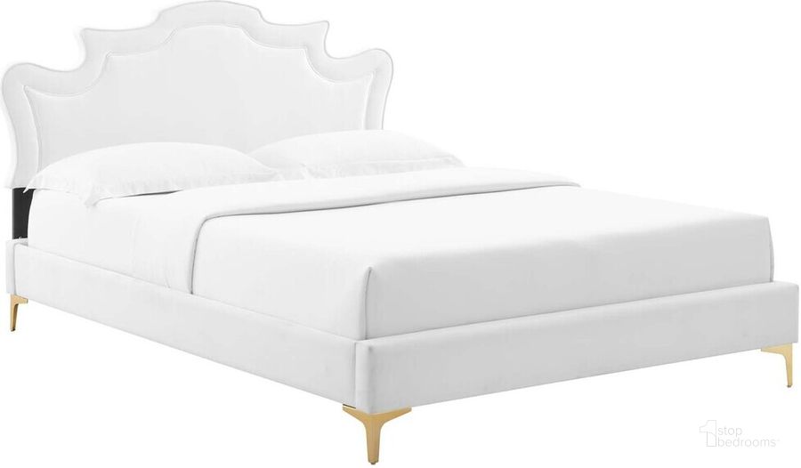 The appearance of Neena Performance Velvet King Bed In White designed by Modway in the  interior design. This white piece of furniture  was selected by 1StopBedrooms from Neena Collection to add a touch of cosiness and style into your home. Sku: MOD-6835-WHI. Bed Type: Platform Bed. Product Type: Platform Bed. Bed Size: King. Material: MDF. Image1