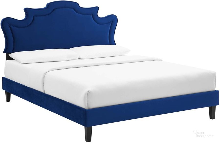 The appearance of Neena Performance Velvet Queen Bed In Navy designed by Modway in the  interior design. This navy piece of furniture  was selected by 1StopBedrooms from Neena Collection to add a touch of cosiness and style into your home. Sku: MOD-6830-NAV. Bed Type: Platform Bed. Product Type: Platform Bed. Bed Size: Queen. Material: MDF. Image1