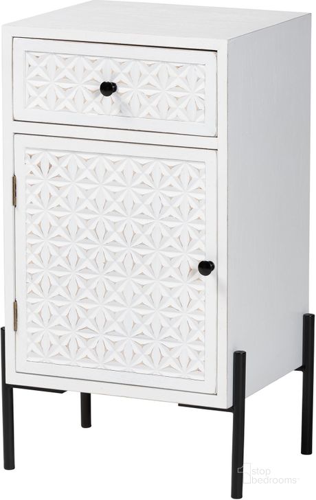 The appearance of Nefeli 1-Drawer Storage Cabinet In White Finished Wood and Black Metal designed by Baxton Studio in the transitional interior design. This white/black piece of furniture  was selected by 1StopBedrooms from Nefeli Collection to add a touch of cosiness and style into your home. Sku: JY23A335R-White Wooden-Cabinet. Product Type: Storage Cabinet. Material: MDF. Image1