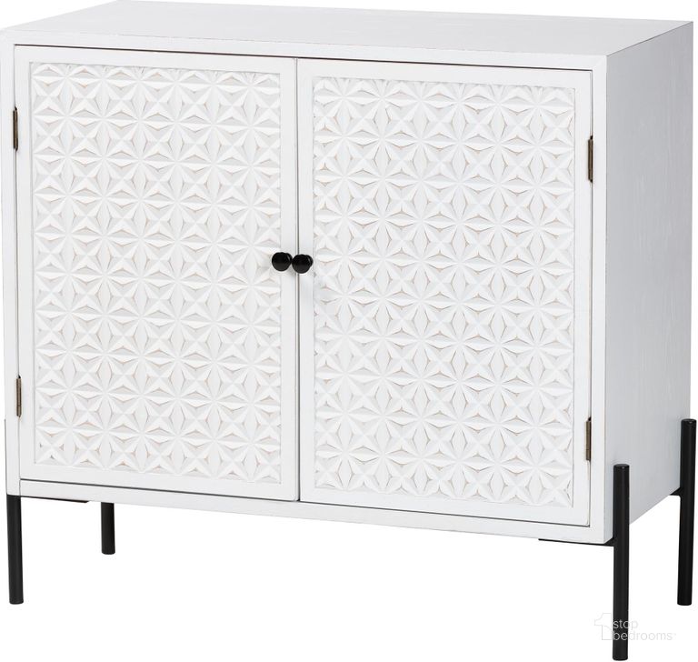 The appearance of Nefeli 2-Door Storage Cabinet In White Finished Wood and Black Metal designed by Baxton Studio in the transitional interior design. This white/black piece of furniture  was selected by 1StopBedrooms from Nefeli Collection to add a touch of cosiness and style into your home. Sku: JY23A336R-White Wooden-Cabinet. Product Type: Storage Cabinet. Material: MDF. Image1