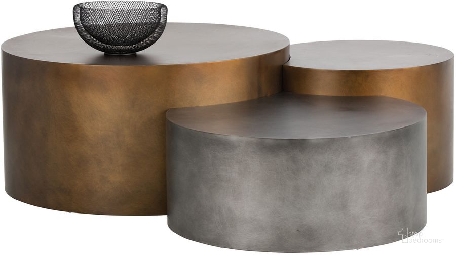 The appearance of Neo Coffee Tables Set Of 3 In Antique Brass designed by Sunpan in the modern / contemporary interior design. This antique brass piece of furniture  was selected by 1StopBedrooms from Neo Collection to add a touch of cosiness and style into your home. Sku: 108210. Material: Steel. Product Type: Coffee Table. Image1