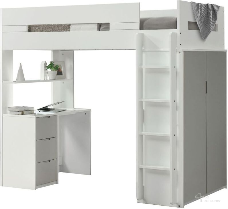 The appearance of Nerice White and Gray Loft Bed designed by ACME in the transitional interior design. This gray piece of furniture  was selected by 1StopBedrooms from Nerice Collection to add a touch of cosiness and style into your home. Sku: 38050HF;38051POST;38052DESK;38053DRW;38054SHL. Material: Wood. Product Type: Loft Bed. Bed Type: Loft Bed. Image1