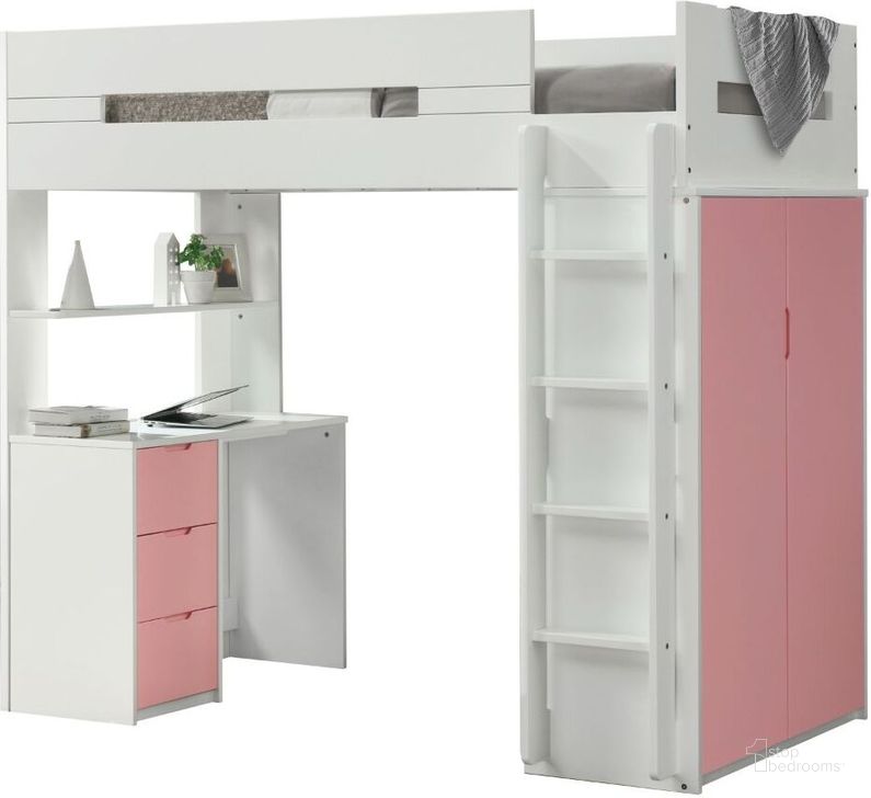 The appearance of Nerice White and Pink Loft Bed designed by ACME in the transitional interior design. This white piece of furniture  was selected by 1StopBedrooms from Nerice Collection to add a touch of cosiness and style into your home. Sku: 38040HF;38041POST;38042DESK;38043DRW;38044SHL. Material: Wood. Product Type: Loft Bed. Bed Type: Loft Bed. Image1