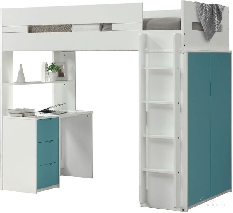 The appearance of Nerice White and Teal Loft Bed designed by ACME in the transitional interior design. This teal piece of furniture  was selected by 1StopBedrooms from Nerice Collection to add a touch of cosiness and style into your home. Sku: 38045HF;38046POST;38047DESK;38048DRW;38049SHL. Material: Wood. Product Type: Loft Bed. Bed Type: Loft Bed. Image1