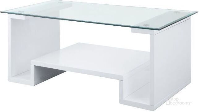 The appearance of Nevaeh Coffee Table In Clear Glass Top And White High Gloss designed by ACME in the modern / contemporary interior design. This white high gloss piece of furniture  was selected by 1StopBedrooms from Nevaeh Collection to add a touch of cosiness and style into your home. Sku: 82360. Material: Wood. Product Type: Coffee Table. Image1