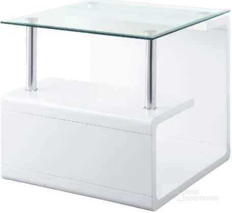 The appearance of Nevaeh End Table In Clear Glass Top And White High Gloss designed by ACME in the modern / contemporary interior design. This white high gloss piece of furniture  was selected by 1StopBedrooms from Nevaeh Collection to add a touch of cosiness and style into your home. Sku: 82362. Material: Wood. Product Type: End Table. Image1