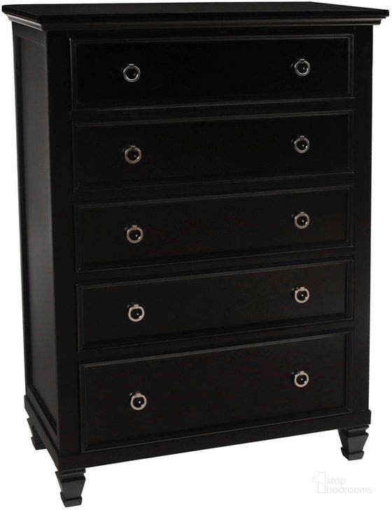 The appearance of New Classic Tamarack 5 Drawer Chest In Black 00 045 070 designed by New Classic in the country / farmhouse interior design. This black piece of furniture  was selected by 1StopBedrooms from Tamarack Collection to add a touch of cosiness and style into your home. Sku: BB044B-070. Material: Wood. Product Type: Chest. Image1