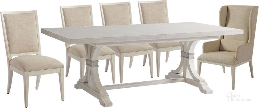 The appearance of Newport Sailcloth Oceanfront Rectangular Dining Room Set by Barclay Butera designed by Barclay Butera in the transitional interior design. This cream piece of furniture  was selected by 1StopBedrooms from Newport Collection to add a touch of cosiness and style into your home. Sku: 01-0921-877;01-0921-880-01. Table Base Style: Trestle. Material: Wood. Product Type: Dining Room Set. Table Top Shape: Rectangular. Image1