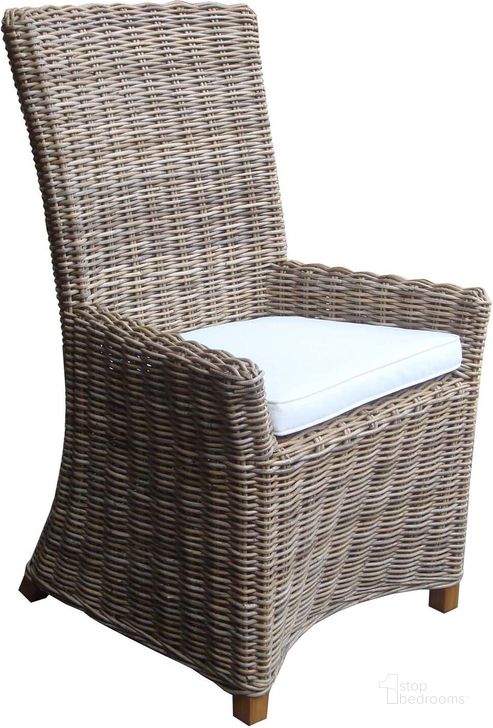 The appearance of Nico Grey Kubu Arm Chair With White Cushion designed by Padmas Plantation in the transitional interior design. This grey piece of furniture  was selected by 1StopBedrooms from Nico Collection to add a touch of cosiness and style into your home. Sku: NCO11-KUBU. Product Type: Dining Chair. Material: Rattan. Image1