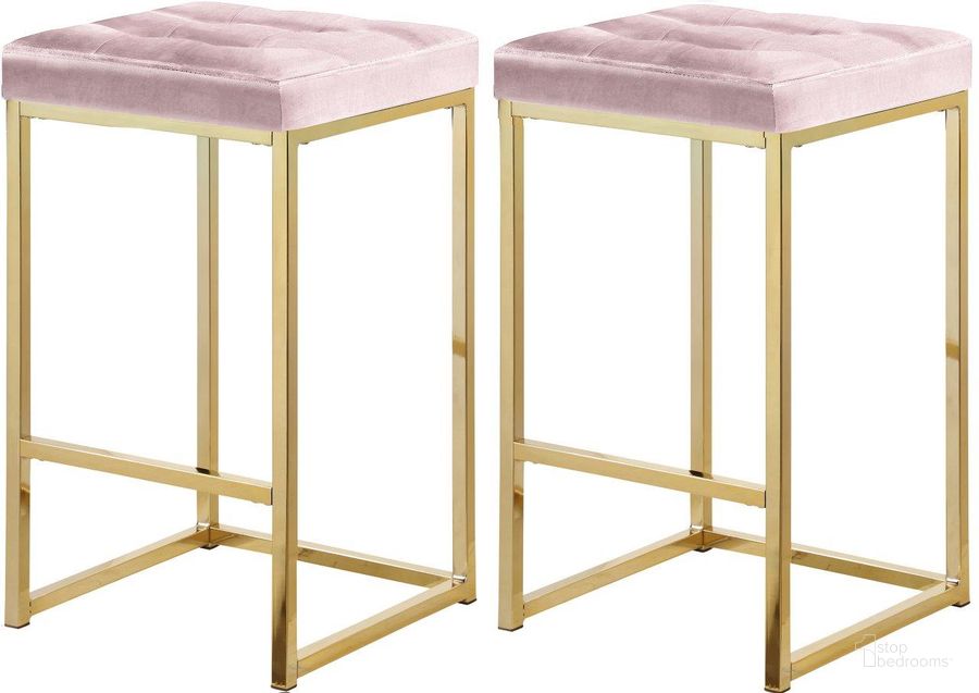 The appearance of Nicola Pink Velvet Stool Set of 2 designed by Meridian in the modern / contemporary interior design. This pink velvet piece of furniture  was selected by 1StopBedrooms from Nicola Collection to add a touch of cosiness and style into your home. Sku: 906Pink-C. Product Type: Barstool. Material: Velvet. Image1