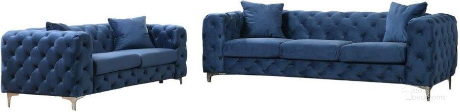 The appearance of Nigel 2 Piece Transitional Velvet Sofa Set In Blue designed by Best Master Furniture in the transitional interior design. This blue piece of furniture  was selected by 1StopBedrooms from Nigel Collection to add a touch of cosiness and style into your home. Sku: F002B2SET-3;F002B2SET-5;F002B2SET-1;F002B2SET-2;F002B2SET-4. Product Type: Sofa. Material: Velvet. Image1