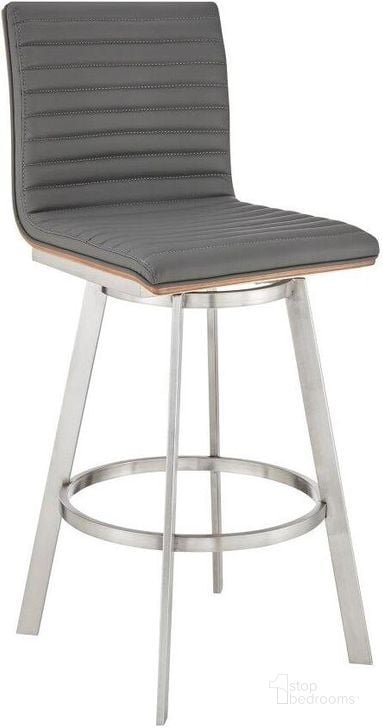 The appearance of Nikole 30 Inch Bar Height Walnut Swivel Bar Stool In Brushed Stainless Steel Finish And Gray Faux Leather designed by Armen Living in the modern / contemporary interior design. This gray piece of furniture  was selected by 1StopBedrooms from Nikole Collection to add a touch of cosiness and style into your home. Sku: LCNKBAWABSGR30. Material: Faux Leather. Product Type: Barstool. Image1
