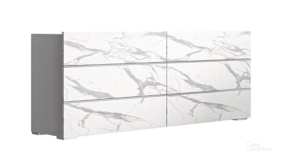 The appearance of Nina Dresser In White And Grey Marble designed by J&M in the modern / contemporary interior design. This white and grey piece of furniture  was selected by 1StopBedrooms from Nina Collection to add a touch of cosiness and style into your home. Sku: 18332-D. Product Type: Dresser. Material: MDF. Image1