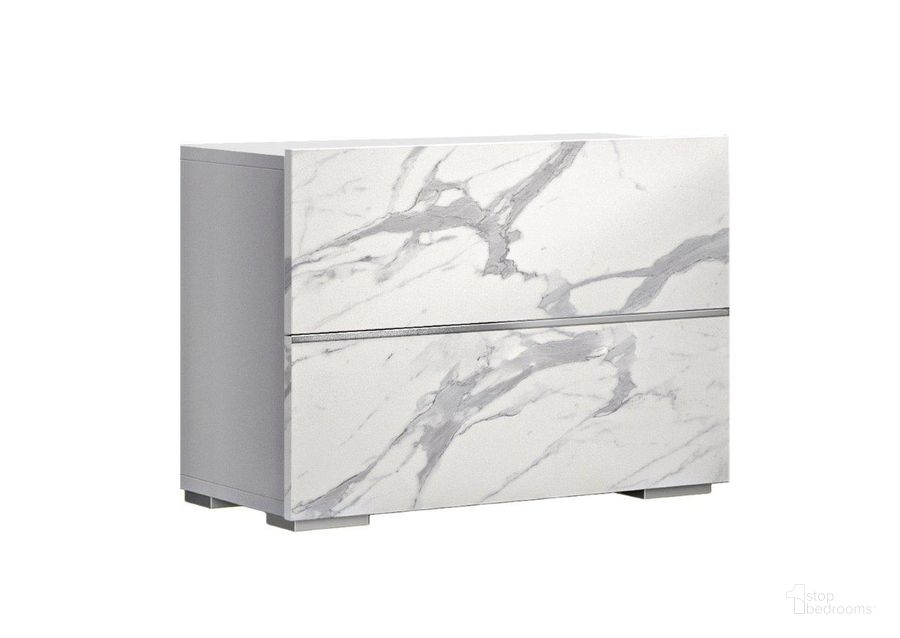 The appearance of Nina Night Stand In White And Grey Marble designed by J&M in the modern / contemporary interior design. This white and grey piece of furniture  was selected by 1StopBedrooms from Nina Collection to add a touch of cosiness and style into your home. Sku: 18332-NS. Product Type: Nightstand. Material: MDF. Image1