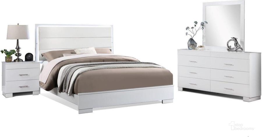 The appearance of Nivia White 4 Piece Queen Bedroom Set designed by US Tamex in the modern / contemporary interior design. This white piece of furniture  was selected by 1StopBedrooms from Nivia Collection to add a touch of cosiness and style into your home. Sku: E52630Q-H+F;E52630Q-R+S;E52630-NS;E52630-DR;E52630-MR. Material: Wood. Product Type: Bedroom Set. Image1