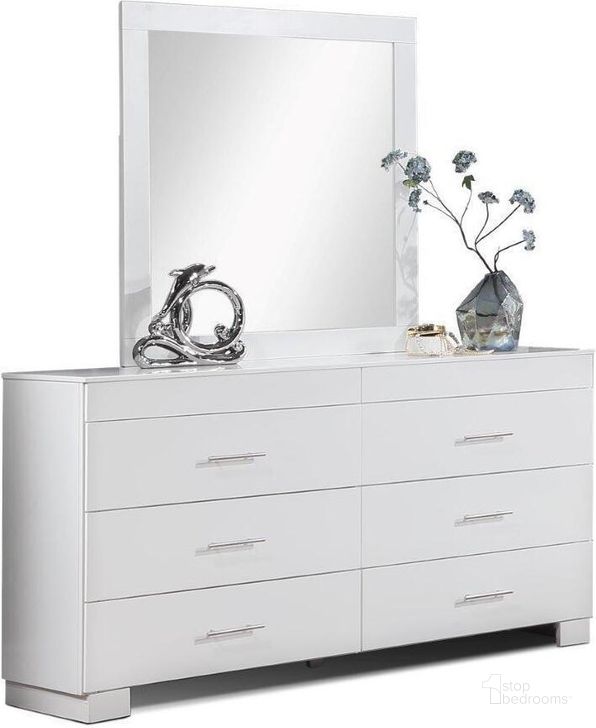 The appearance of Nivia White Dresser and Mirror designed by US Tamex in the modern / contemporary interior design. This white piece of furniture  was selected by 1StopBedrooms from Nivia Collection to add a touch of cosiness and style into your home. Sku: E52630-MR;E52630-DR. Material: Wood. Product Type: Dresser and Mirror. Image1