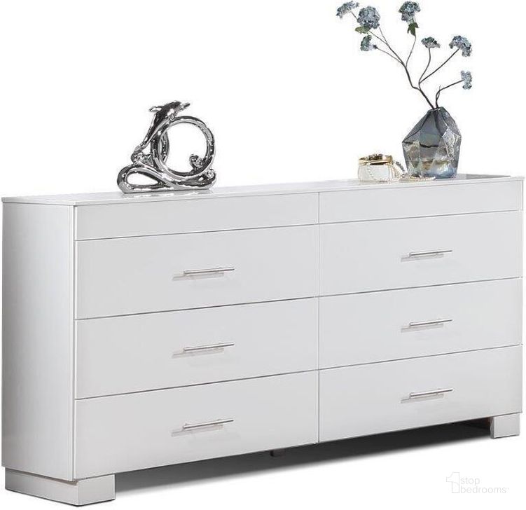 The appearance of Nivia White Dresser designed by US Tamex in the modern / contemporary interior design. This white piece of furniture  was selected by 1StopBedrooms from Nivia Collection to add a touch of cosiness and style into your home. Sku: E52630-DR. Material: Wood. Product Type: Dresser. Image1