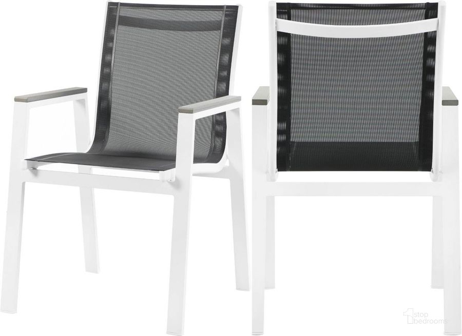The appearance of Nizuc Mesh Water Resistant Fabric Outdoor Patio Aluminum Mesh Dining Arm Chair Set of 2 In Black designed by Meridian in the modern / contemporary interior design. This black piece of furniture  was selected by 1StopBedrooms from Nizuc Collection to add a touch of cosiness and style into your home. Sku: 366Black-AC. Material: Aluminum. Product Type: Outdoor Dining Chair. Image1