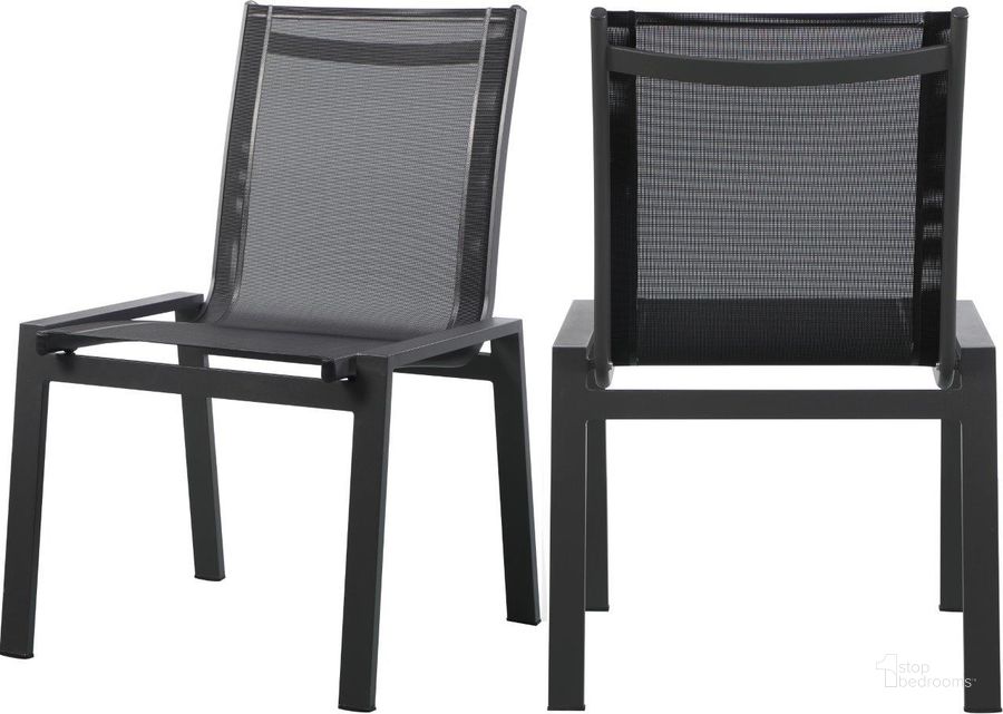 The appearance of Nizuc Mesh Water Resistant Fabric Outdoor Patio Aluminum Mesh Dining Chair Set of 2 In Black designed by Meridian in the modern / contemporary interior design. This black piece of furniture  was selected by 1StopBedrooms from Nizuc Collection to add a touch of cosiness and style into your home. Sku: 369Black-C. Material: Aluminum. Product Type: Outdoor Dining Chair. Image1