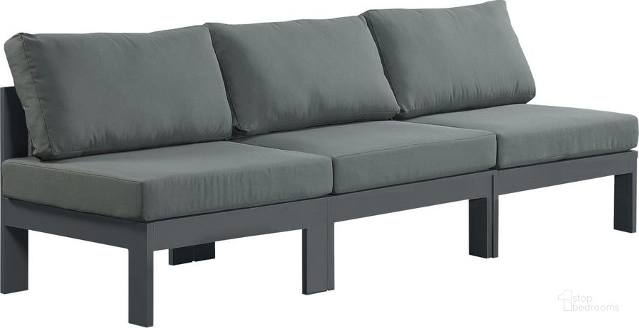 The appearance of Nizuc Water Resistant Fabric Outdoor Patio Modular Sofa In Grey designed by Meridian in the modern / contemporary interior design. This grey piece of furniture  was selected by 1StopBedrooms from Nizuc Collection to add a touch of cosiness and style into your home. Sku: 376Grey-S90B-1;376Grey-S90B-2;376Grey-S90B-3. Material: Aluminum. Product Type: Outdoor Sofa. Image1
