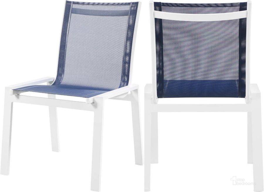 The appearance of Nizuc Mesh Water Resistant Fabric Outdoor Patio Aluminum Mesh Dining Chair Set of 2 In Navy designed by Meridian in the modern / contemporary interior design. This navy piece of furniture  was selected by 1StopBedrooms from Nizuc Collection to add a touch of cosiness and style into your home. Sku: 368Navy-C. Material: Aluminum. Product Type: Outdoor Dining Chair. Image1