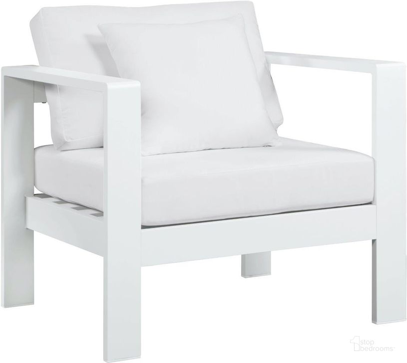 The appearance of Nizuc Water Resistant Fabric Outdoor Patio Aluminum Arm Chair In White designed by Meridian in the modern / contemporary interior design. This white piece of furniture  was selected by 1StopBedrooms from Nizuc Collection to add a touch of cosiness and style into your home. Sku: 375White-Chair. Material: Aluminum. Product Type: Outdoor Chair. Image1