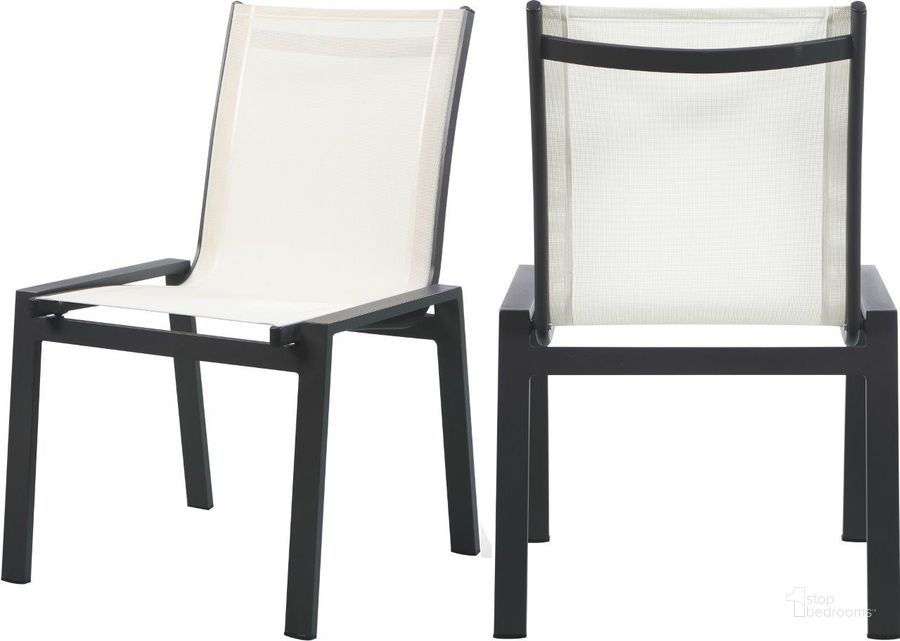 The appearance of Nizuc Mesh Water Resistant Fabric Outdoor Patio Aluminum Mesh Dining Chair Set of 2 In White designed by Meridian in the modern / contemporary interior design. This white piece of furniture  was selected by 1StopBedrooms from Nizuc Collection to add a touch of cosiness and style into your home. Sku: 369White-C. Material: Aluminum. Product Type: Outdoor Dining Chair. Image1