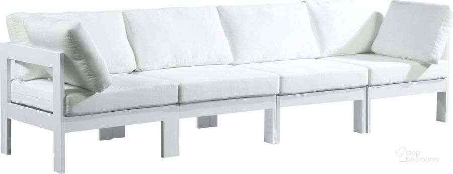 The appearance of Nizuc Water Resistant Fabric Outdoor Patio Modular Sofa In White designed by Meridian in the modern / contemporary interior design. This white piece of furniture  was selected by 1StopBedrooms from Nizuc Collection to add a touch of cosiness and style into your home. Sku: 375White-S120A-1;375White-S120A-2;375White-S120A-3;375White-S120A-4. Material: Aluminum. Product Type: Outdoor Sofa. Image1