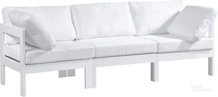 The appearance of Nizuc Water Resistant Fabric Outdoor Patio Modular Sofa In White designed by Meridian in the modern / contemporary interior design. This white piece of furniture  was selected by 1StopBedrooms from Nizuc Collection to add a touch of cosiness and style into your home. Sku: 375White-S90A-1;375White-S90A-2;375White-S90A-3. Material: Aluminum. Product Type: Outdoor Sofa. Image1