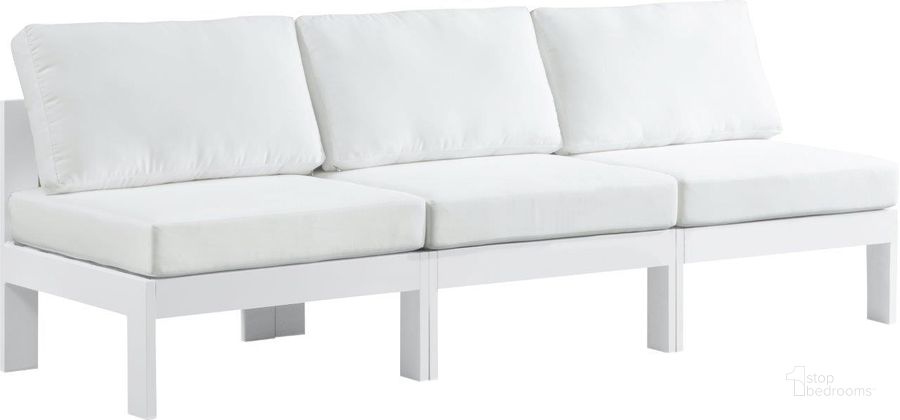 The appearance of Nizuc Water Resistant Fabric Outdoor Patio Modular Sofa In White designed by Meridian in the modern / contemporary interior design. This white piece of furniture  was selected by 1StopBedrooms from Nizuc Collection to add a touch of cosiness and style into your home. Sku: 375White-S90B-1;375White-S90B-2;375White-S90B-3. Material: Aluminum. Product Type: Outdoor Sofa. Image1