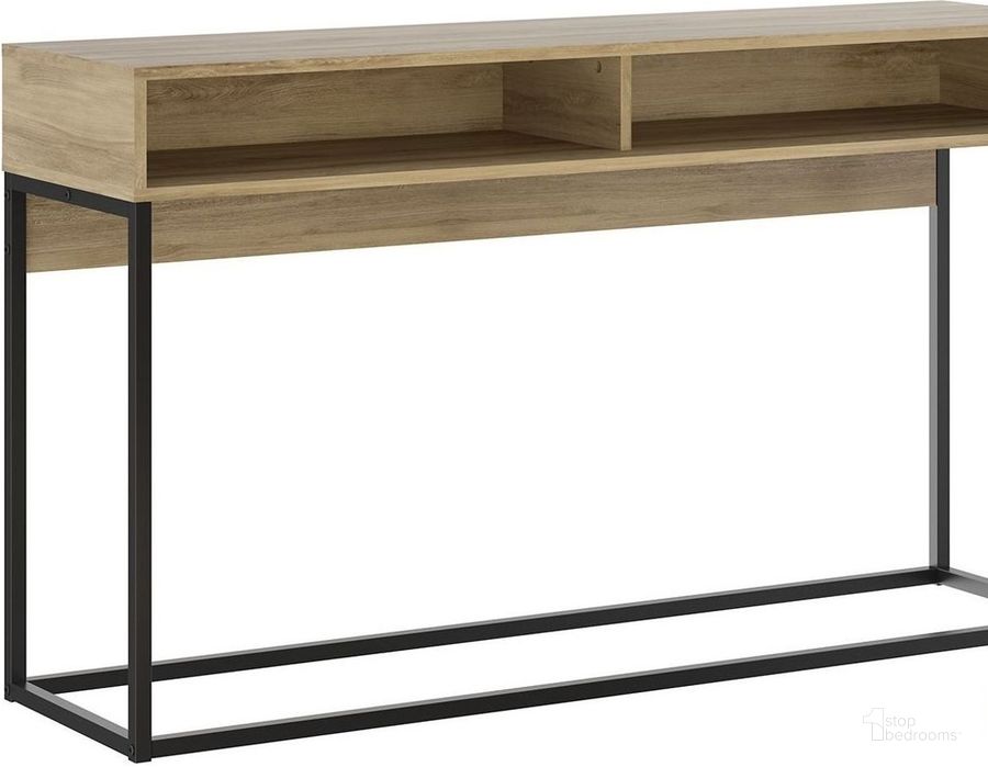 The appearance of Noa Oak And Black Painted Metal 53 Inch Console Table designed by Casabianca Home in the transitional interior design. This oak piece of furniture  was selected by 1StopBedrooms from Noa Collection to add a touch of cosiness and style into your home. Sku: KD-B130OK. Product Type: Console Table. Material: Iron. Image1