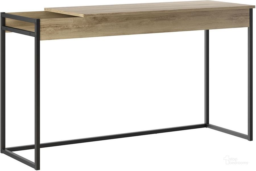 The appearance of Noa Oak And Black Painted Metal Office Desk designed by Casabianca Home in the transitional interior design. This oak piece of furniture  was selected by 1StopBedrooms from Noa Collection to add a touch of cosiness and style into your home. Sku: KD-B190OK. Product Type: Office Desk. Material: Iron. Image1