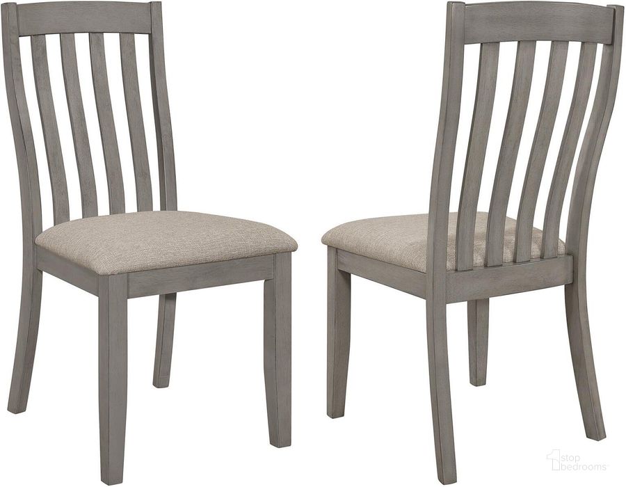 The appearance of Nogales Coastal Grey Dining Chair Set Of 2 designed by Coaster in the transitional interior design. This gray piece of furniture  was selected by 1StopBedrooms from Nogales Collection to add a touch of cosiness and style into your home. Sku: 109812. Material: Wood. Product Type: Dining Chair. Image1