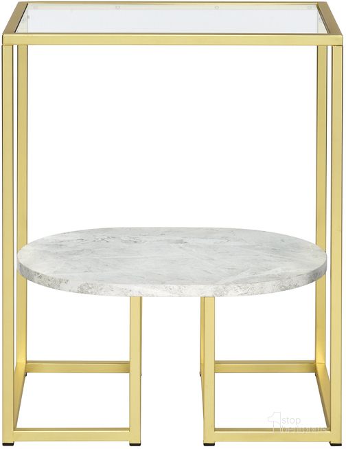 The appearance of Nola End Table In Gold designed by Progressive Furniture in the transitional interior design. This gold piece of furniture  was selected by 1StopBedrooms from Nola Collection to add a touch of cosiness and style into your home. Sku: I612-04. Product Type: End Table. Material: MDF. Image1