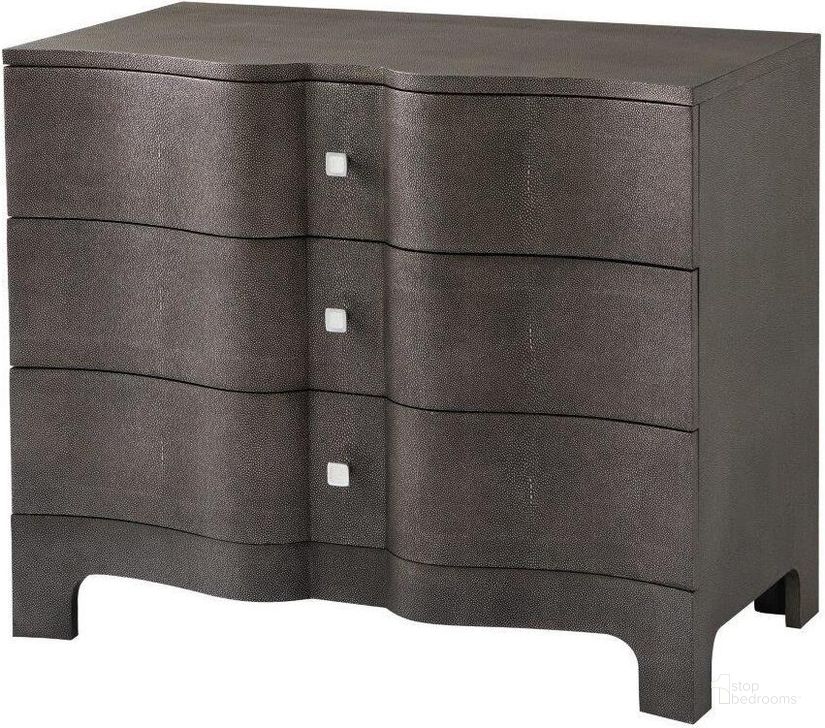 The appearance of Nolan Serpentine Chest Of Three Drawers TAS60015D designed by Theodore Alexander in the transitional interior design. This gray piece of furniture  was selected by 1StopBedrooms from TA Studio Raia Collection to add a touch of cosiness and style into your home. Sku: TAS60015D. Material: Leather. Product Type: Chest.