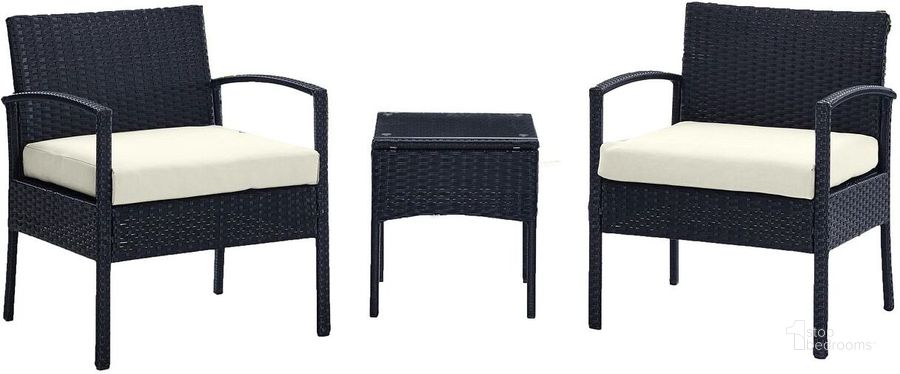 The appearance of Noli Steel Rattan 3-Piece Patio Conversation Set With Cushions In Cream designed by Manhattan Comfort in the modern / contemporary interior design. This black and cream piece of furniture  was selected by 1StopBedrooms from Noli Collection to add a touch of cosiness and style into your home. Sku: OD-CV006-CR. Material: Steel. Product Type: Outdoor Conversation Set. Image1