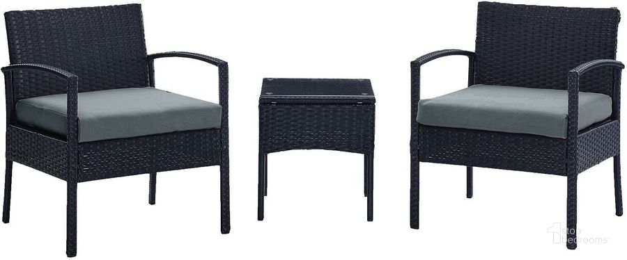 The appearance of Noli Steel Rattan 3-Piece Patio Conversation Set With Cushions In Grey designed by Manhattan Comfort in the modern / contemporary interior design. This black and grey piece of furniture  was selected by 1StopBedrooms from Noli Collection to add a touch of cosiness and style into your home. Sku: OD-CV006-GY. Material: Steel. Product Type: Outdoor Conversation Set. Image1