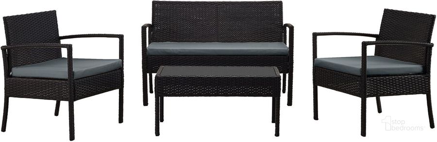 The appearance of Noli Steel Rattan 4-Piece Patio Conversation Set With Cushions In Grey designed by Manhattan Comfort in the modern / contemporary interior design. This black and grey piece of furniture  was selected by 1StopBedrooms from Noli Collection to add a touch of cosiness and style into your home. Sku: OD-CV007-GY. Material: Steel. Product Type: Outdoor Conversation Set. Image1