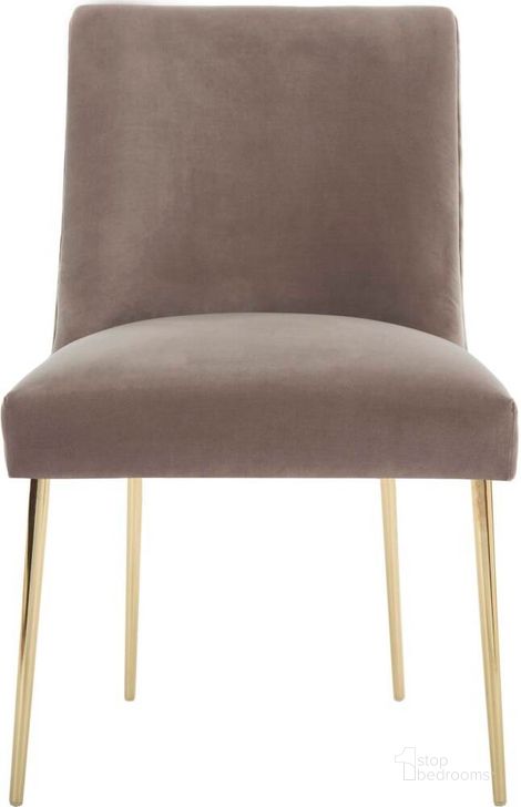 The appearance of Nolita Dining Chair In Mouse And Brass designed by Safavieh Couture in the modern / contemporary interior design. This brass piece of furniture  was selected by 1StopBedrooms from Nolita Collection to add a touch of cosiness and style into your home. Sku: KNT4086C. Material: Wood. Product Type: Dining Chair. Image1