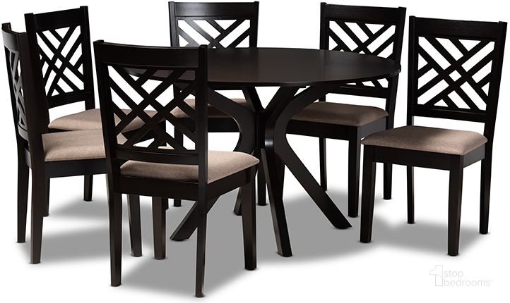 The appearance of Norah Modern and Contemporary Sand Fabric Upholstered and Dark Brown Finished Wood 7-Piece Dining Set designed by Baxton Studio in the modern / contemporary interior design. This sand and dark brown piece of furniture  was selected by 1StopBedrooms from Norah Collection to add a touch of cosiness and style into your home. Sku: Norah-Sand/Dark Brown-7PC Dining Set. Product Type: Dining Room Set. Material: Rubberwood. Image1