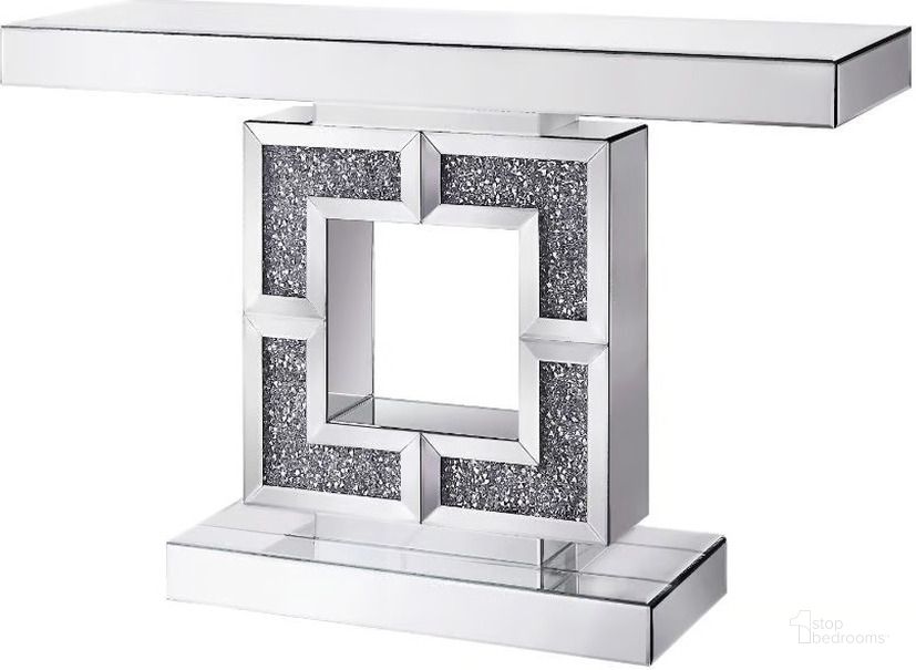 The appearance of Noralie Mirrored/ Faux Diamonds Console Table designed by ACME in the glam interior design. This medium color piece of furniture  was selected by 1StopBedrooms from Noralie Collection to add a touch of cosiness and style into your home. Sku: 90450T;90451ST. Product Type: Sofa Table. Material: MDF. Image1
