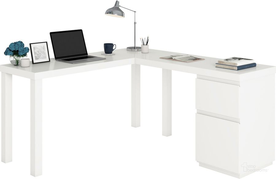 The appearance of Northcott L-Shaped Desk In White designed by Sauder in the modern / contemporary interior design. This white piece of furniture  was selected by 1StopBedrooms from Northcott Collection to add a touch of cosiness and style into your home. Sku: 428935. Product Type: Desk. Material: Engineered Wood. Image1
