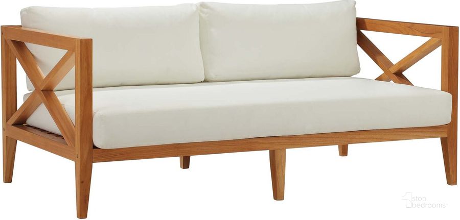 The appearance of Northlake White Outdoor Patio Premium Grade A Teak Wood Sofa designed by Modway in the modern / contemporary interior design. This white piece of furniture  was selected by 1StopBedrooms from Northlake Collection to add a touch of cosiness and style into your home. Sku: EEI-3427-NAT-WHI. Material: Wood. Product Type: Outdoor Sofa & Loveseat. Image1