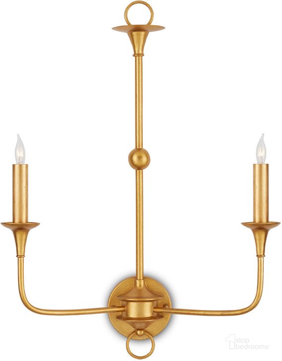 The appearance of Nottaway Gold Double-Light Wall Sconce designed by Currey & Company in the modern / contemporary interior design. This gold piece of furniture  was selected by 1StopBedrooms from Nottaway Collection to add a touch of cosiness and style into your home. Sku: 5000-0214. Product Type: Wall Sconce. Material: Iron. Image1
