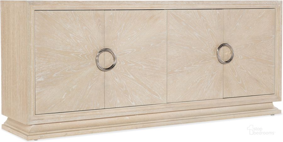 The appearance of Nouveau Chic Entertainment Console In Sandstone designed by Hooker in the transitional interior design. This sandstone piece of furniture  was selected by 1StopBedrooms from Nouveau Chic Collection to add a touch of cosiness and style into your home. Sku: 6500-55484-80. Material: Wood. Product Type: Entertainment Console. Image1