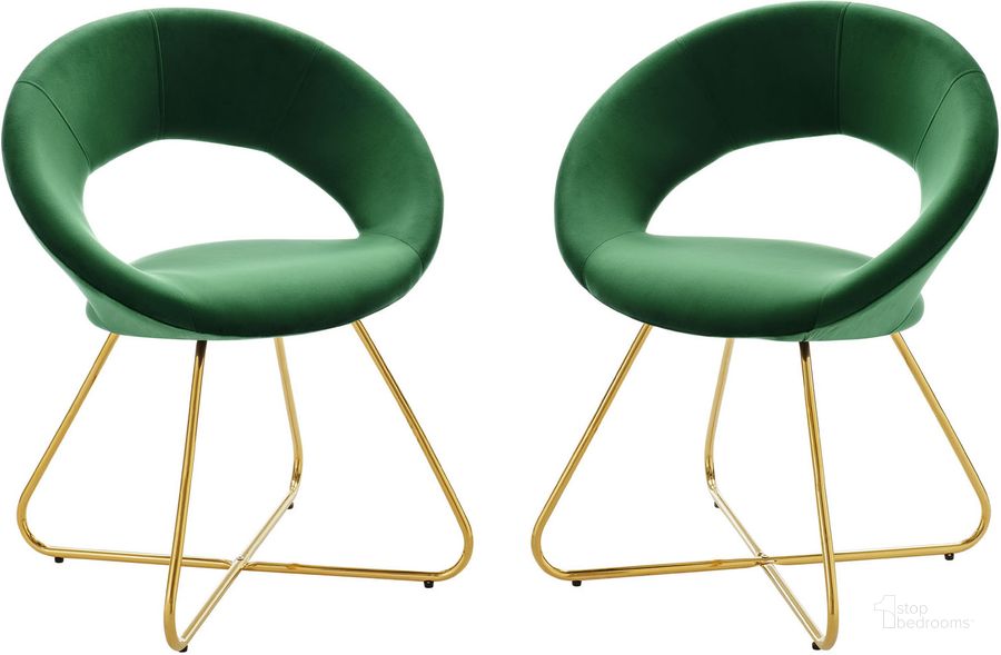 The appearance of Nouvelle Performance Velvet Dining Chair Set Of 2 In Gold Emerald designed by Modway in the modern / contemporary interior design. This gold emerald piece of furniture  was selected by 1StopBedrooms from Nouvelle Collection to add a touch of cosiness and style into your home. Sku: EEI-4681-GLD-EME. Material: Metal. Product Type: Dining Chair. Image1
