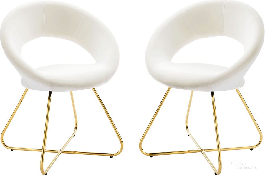 The appearance of Nouvelle Performance Velvet Dining Chair Set Of 2 In Gold White designed by Modway in the modern / contemporary interior design. This gold white piece of furniture  was selected by 1StopBedrooms from Nouvelle Collection to add a touch of cosiness and style into your home. Sku: EEI-4681-GLD-WHI. Material: Metal. Product Type: Dining Chair. Image1