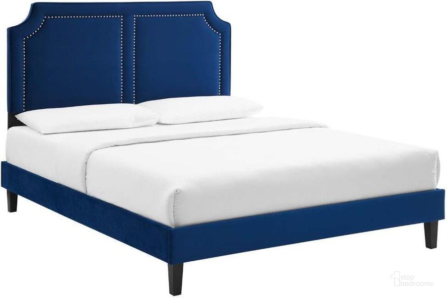 The appearance of Novi Performance Velvet Full Bed In Navy MOD-6813-NAV designed by Modway in the transitional interior design. This navy piece of furniture  was selected by 1StopBedrooms from Novi Collection to add a touch of cosiness and style into your home. Sku: MOD-6813-NAV. Bed Type: Platform Bed. Product Type: Platform Bed. Bed Size: Full. Material: Plywood. Image1