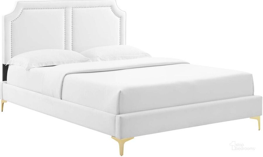 The appearance of Novi Performance Velvet King Bed In White designed by Modway in the  interior design. This white piece of furniture  was selected by 1StopBedrooms from Novi Collection to add a touch of cosiness and style into your home. Sku: MOD-6833-WHI. Bed Type: Platform Bed. Product Type: Platform Bed. Bed Size: King. Material: MDF. Image1