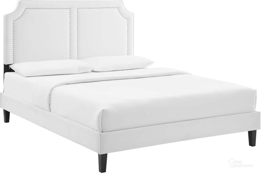 The appearance of Novi Performance Velvet King Bed In White designed by Modway in the  interior design. This white piece of furniture  was selected by 1StopBedrooms from Novi Collection to add a touch of cosiness and style into your home. Sku: MOD-6843-WHI. Bed Type: Platform Bed. Product Type: Platform Bed. Bed Size: King. Material: MDF. Image1